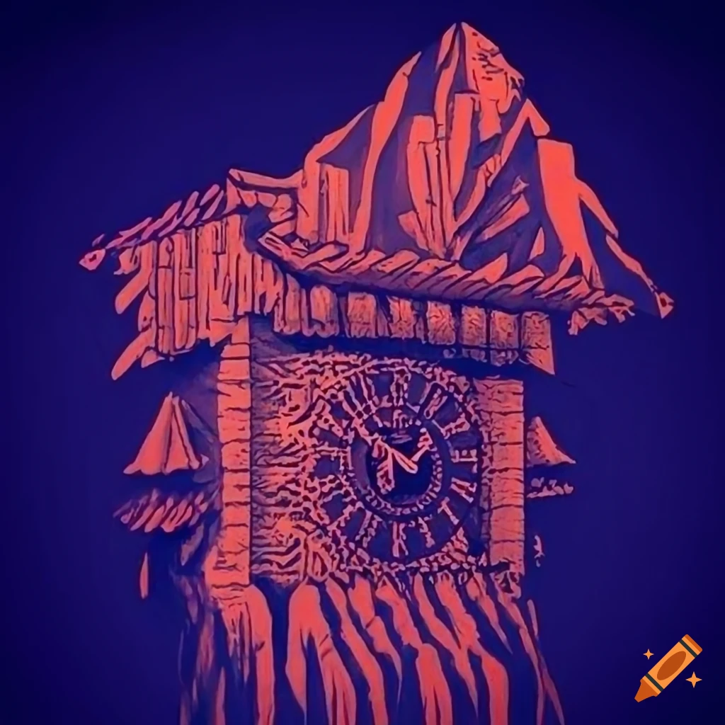 Vivacious Alpine Poster with cuckoo clock style in graphic novel by stave carving depicting good versus evil