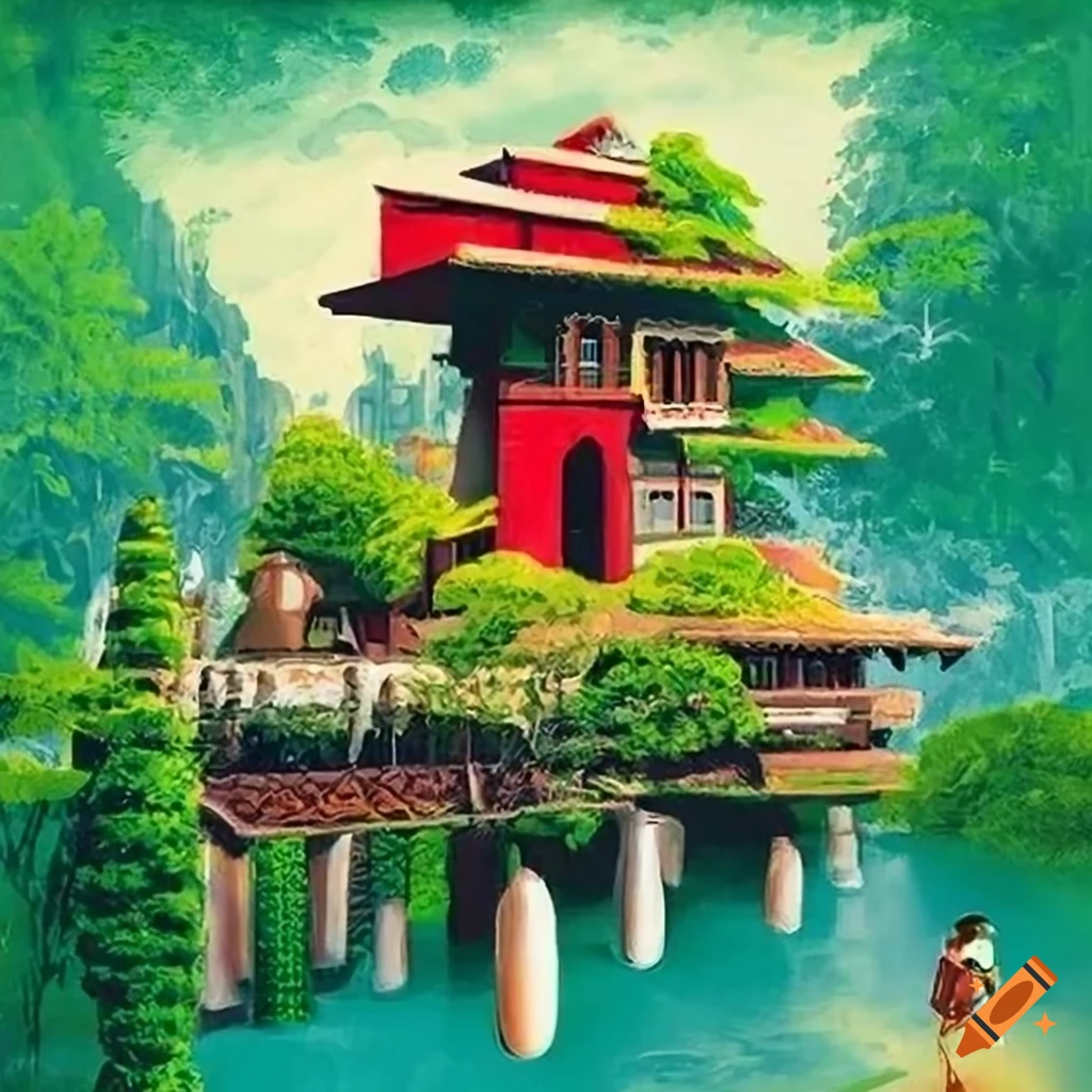 Steezy Zen garden Architecture Poster in graphic novel style by Norman Rockwell