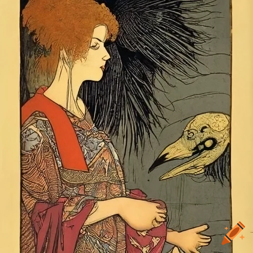 Jugendstil illustration of a sorcerer with a raven head and beak