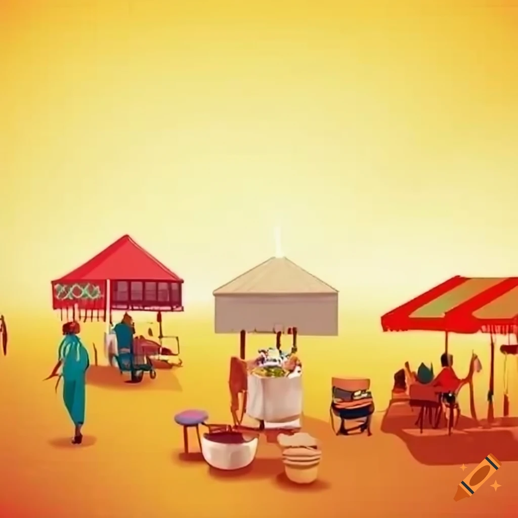 Peaceful rural setting with families voting and street food vendors