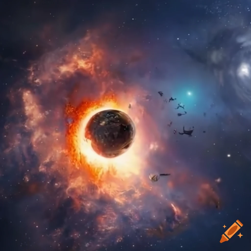 Futuristic space station exploding in orbit around Earth