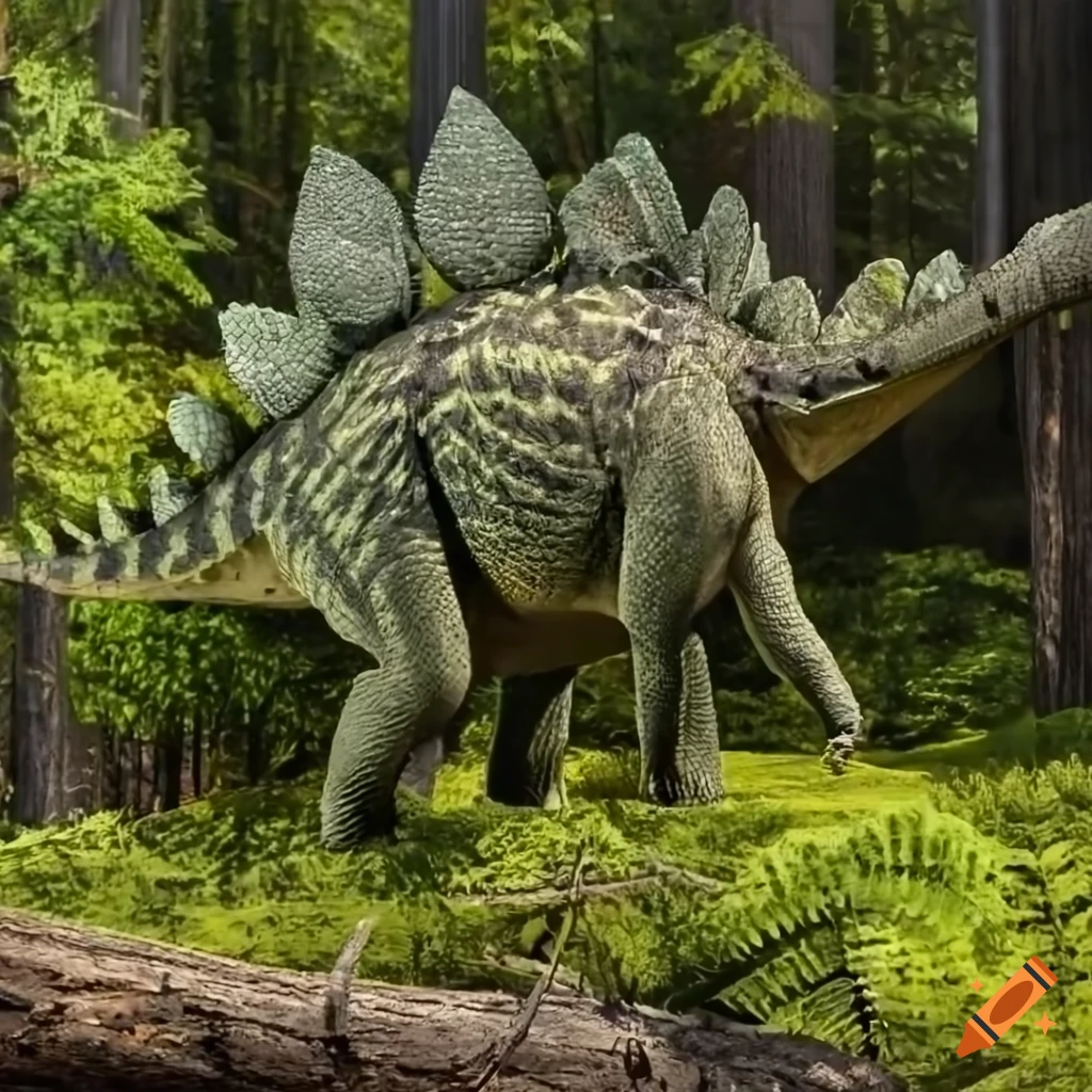 Stegosaurus with collared lizard color pattern and elephant-like skin texture in British Columbia forest