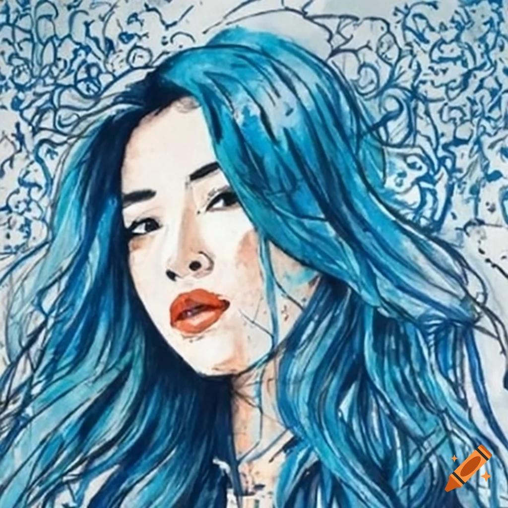 Woman with long blue hair in japanese ink illustration with splatter