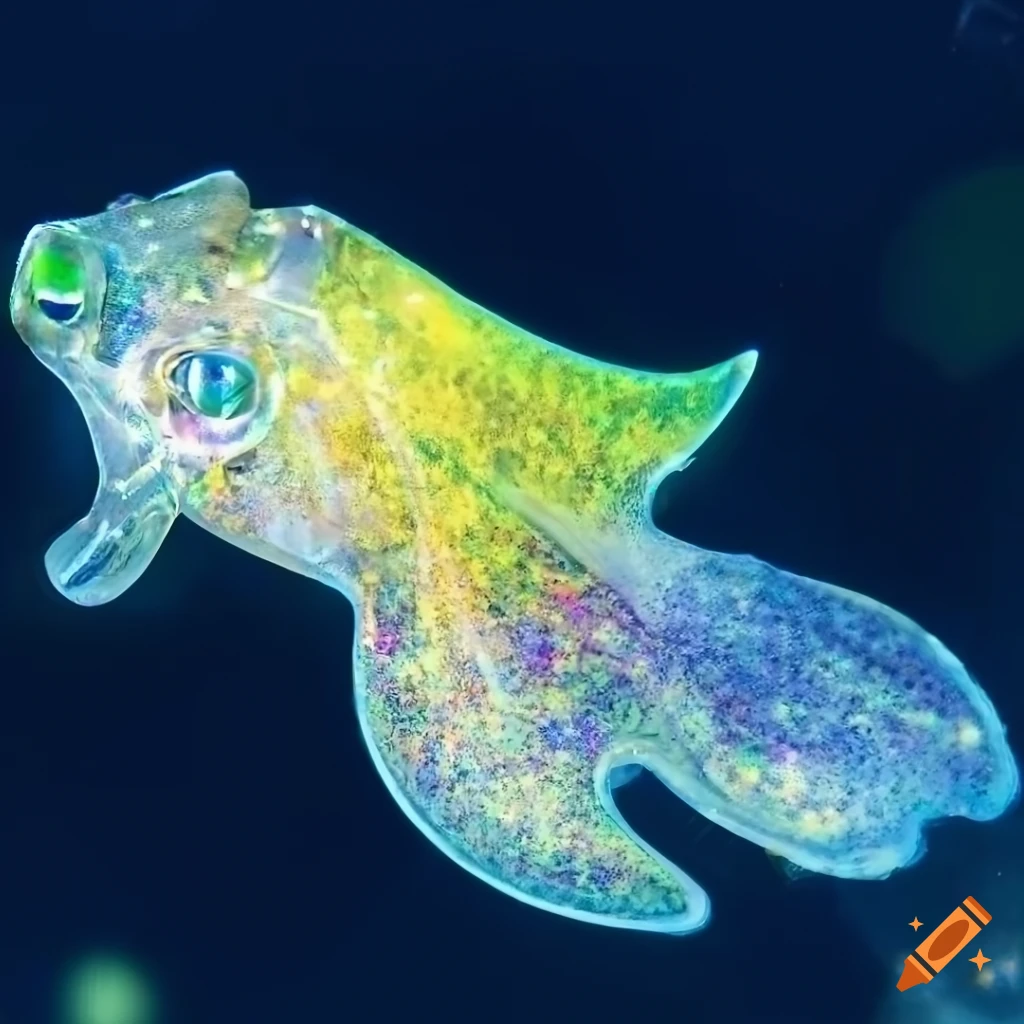 Translucent iridescent cross breed of bobtail squid and blanket octopus in underwater scene