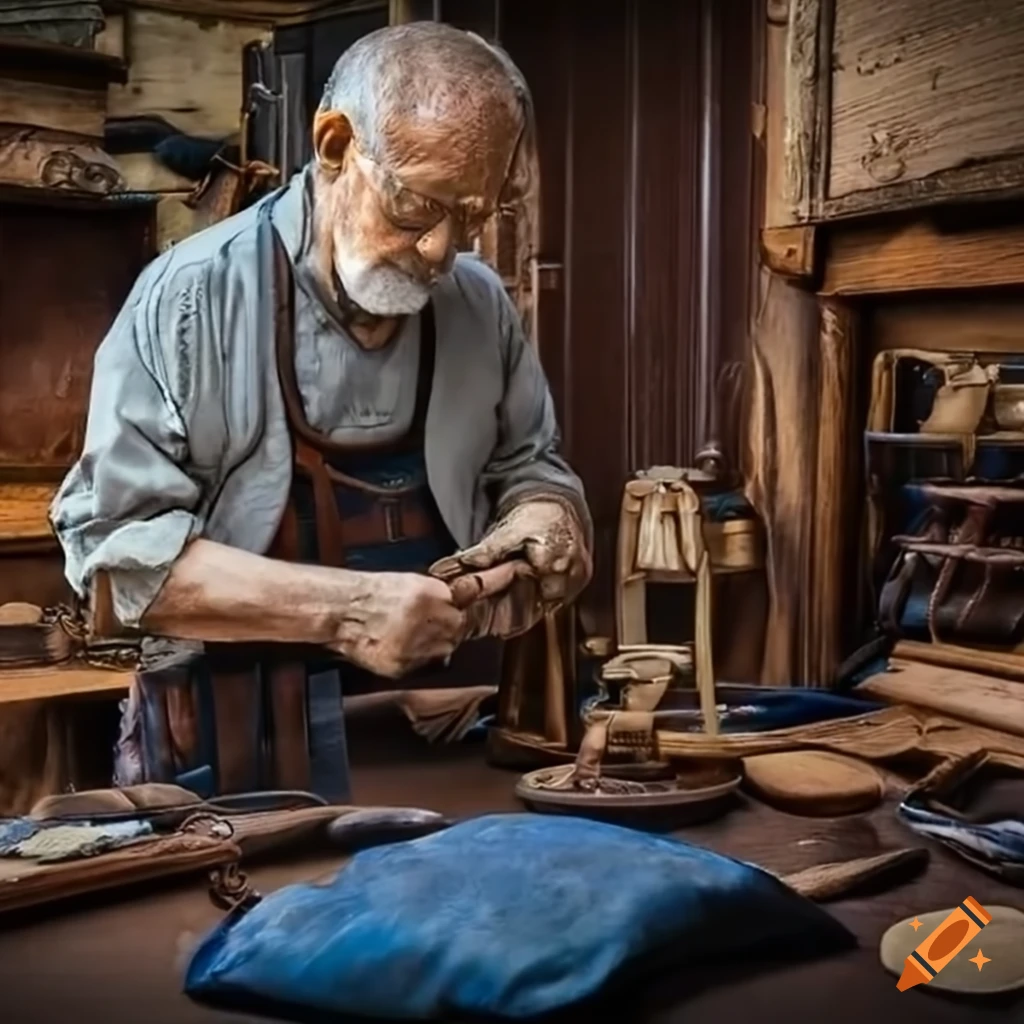 Leather craftsman working on a luxurious blue bag
