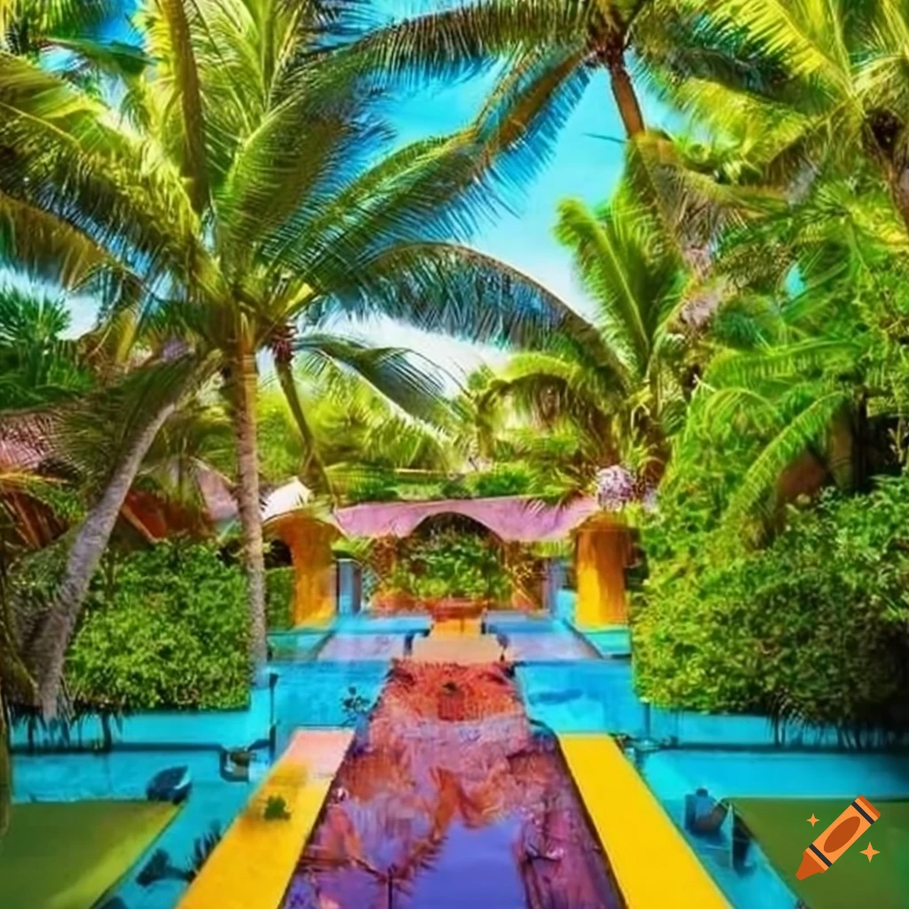 Vibrant multicolor swimming pool surrounded by palm trees and lush greenery