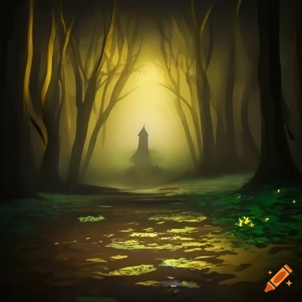 Enchanted forest path lit by fireflies leading towards a distant glow ...