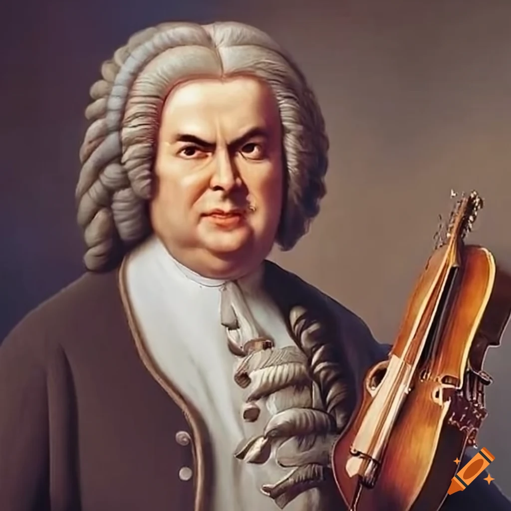 J.s.bach playing various instruments with skill and passion on Craiyon