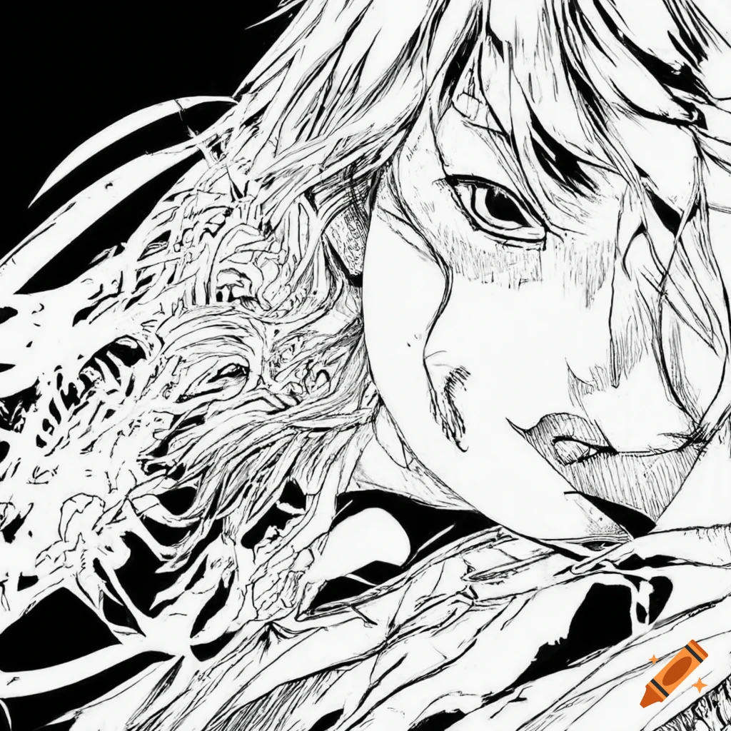 Highly detailed black and white manga panel with sharp outlines