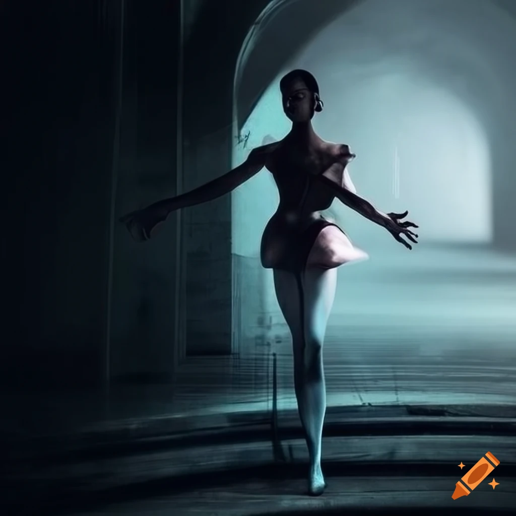 Ballerina in futuristic dark city in Giger style
