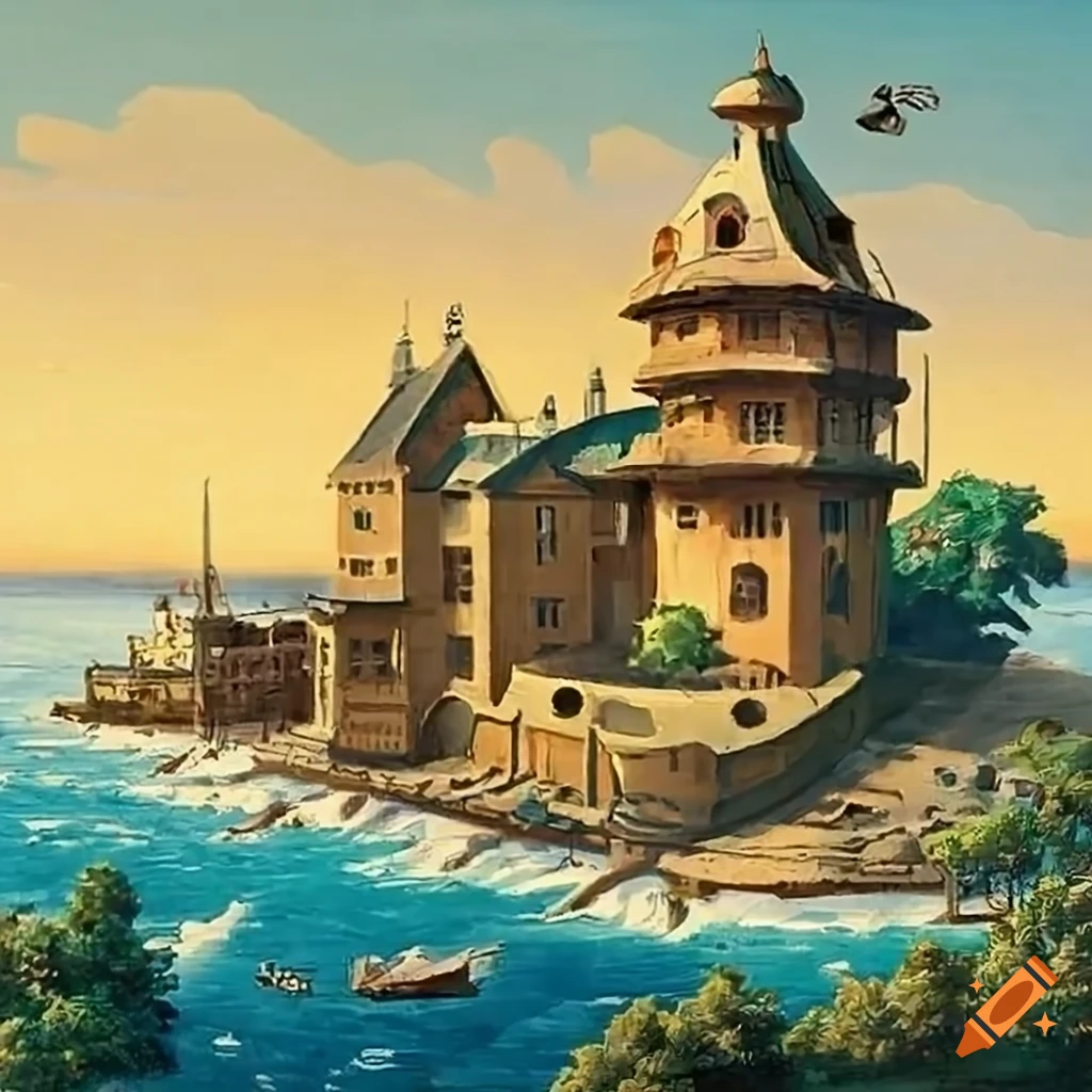 19th century coastal city in ghibli style