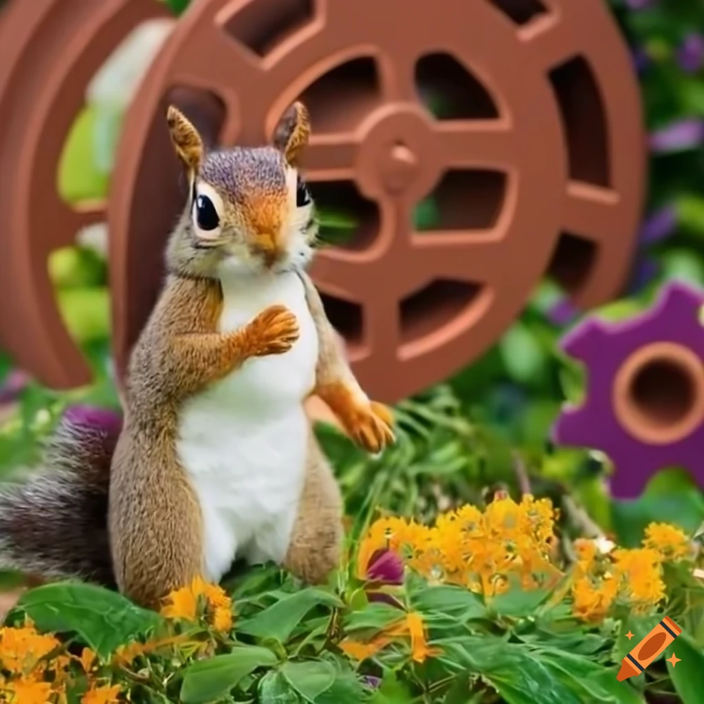 Plush squirrel near large copper cog surrounded by flowers