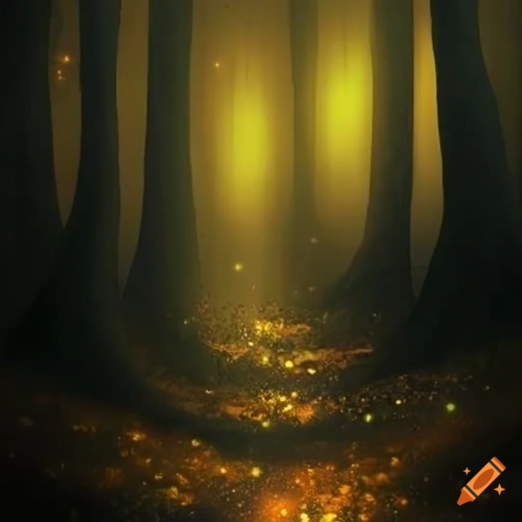 Path lit by fireflies in an enchanted forest leading towards a glowing ...