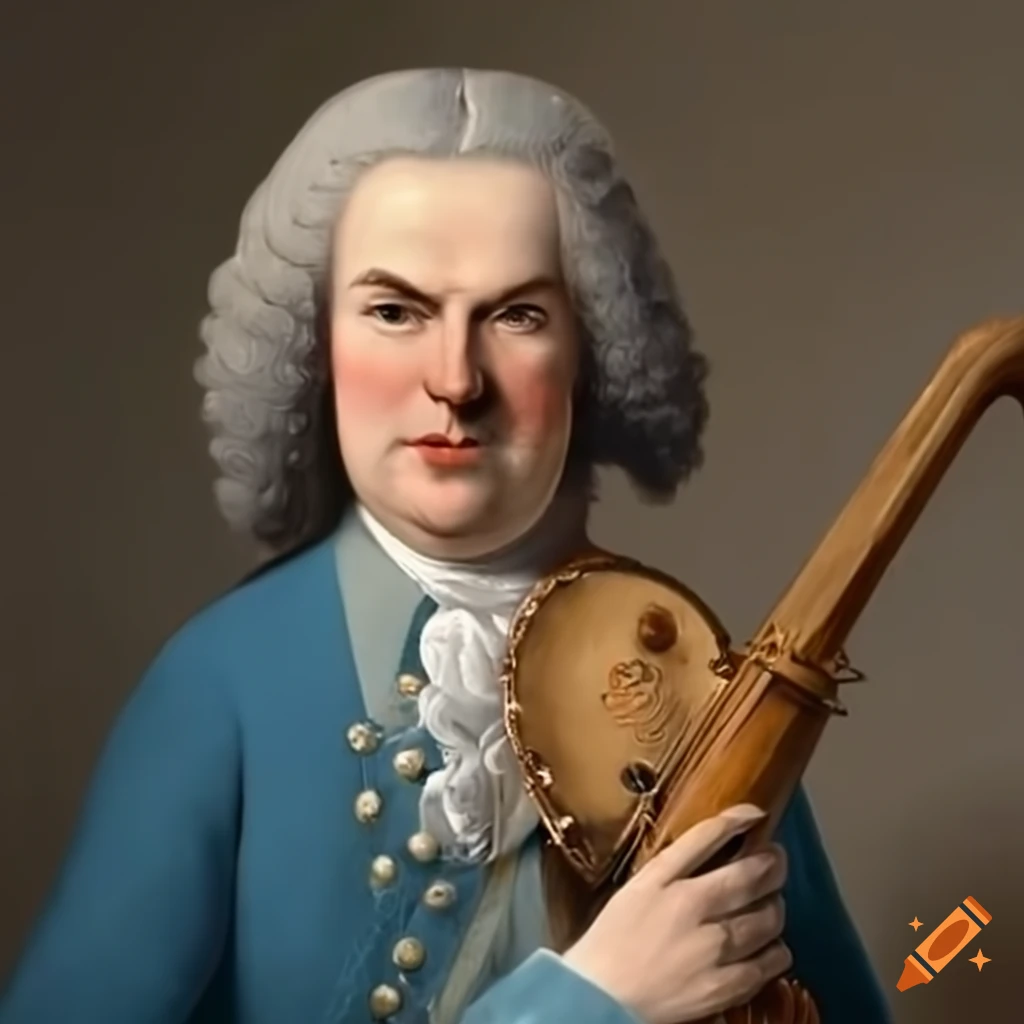 J.S. Bach playing multiple instruments in a blue 18th century suit