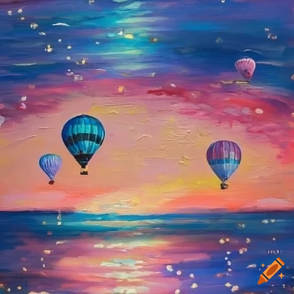 Pastel hot air balloon over the sparkling ocean at sunset in an oil painted scene