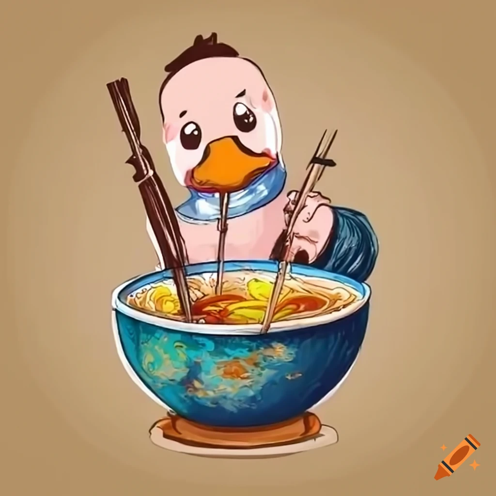 Duck in ramen bowl with flute and chopsticks, wearing a scarf