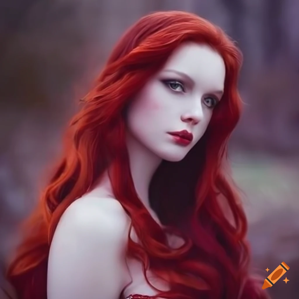 Beautiful elven princess with dark red hair in a fantasy world on Craiyon