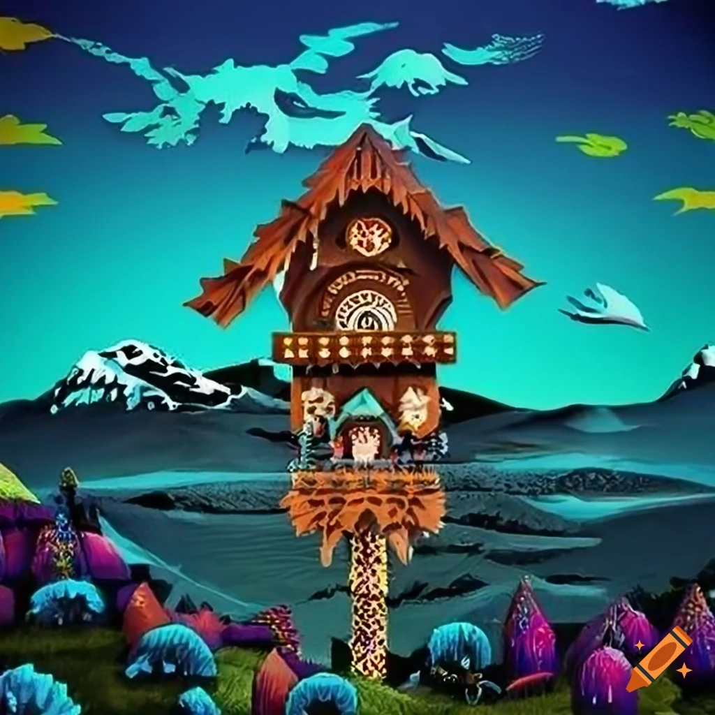 Vivacious alpine poster in 'cuckoo clock' style with graphic novel and stave carving of good and evil