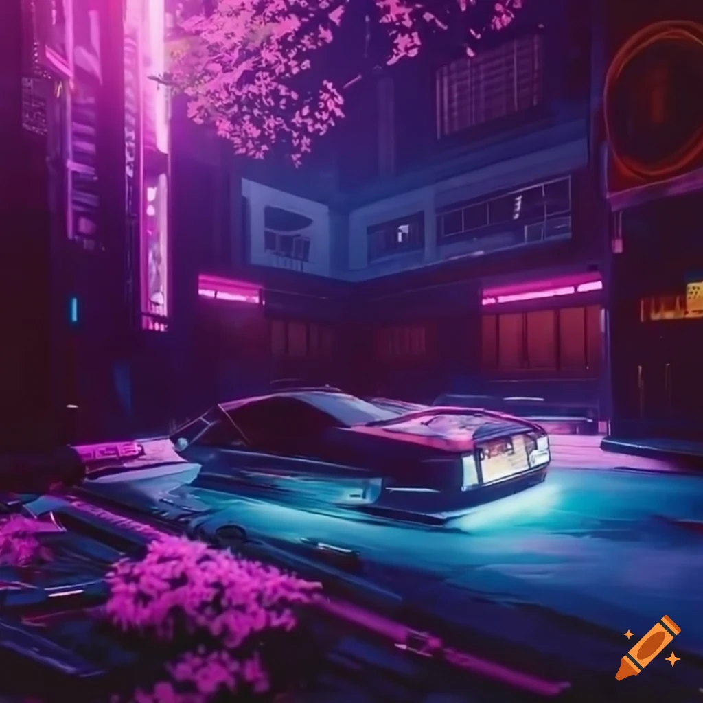 Cyberpunk 2077 sports car near Japan sakura tree with neon lights and AV drone in the air