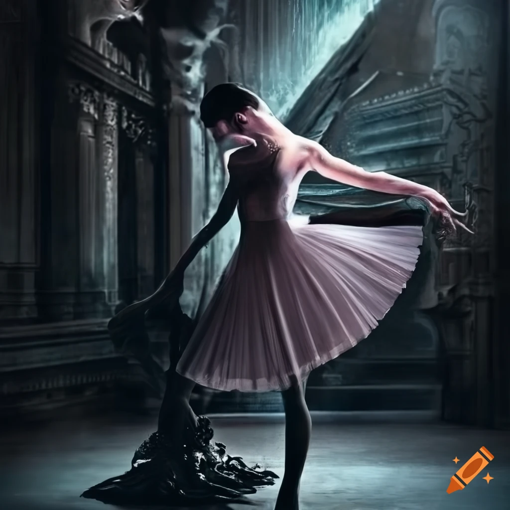 Ballerina in futuristic dark city in Giger style