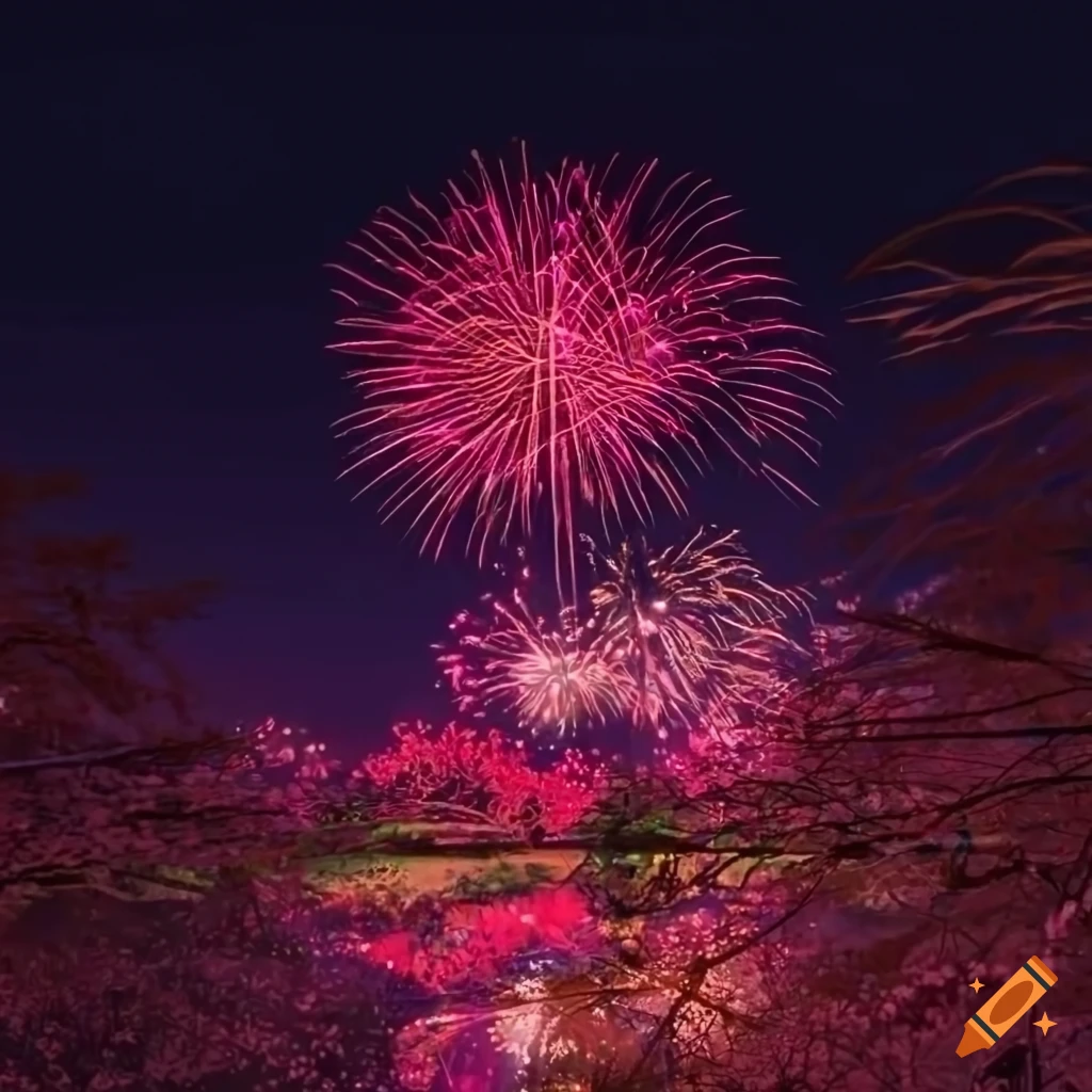 Sakura trees with fireworks in 2024