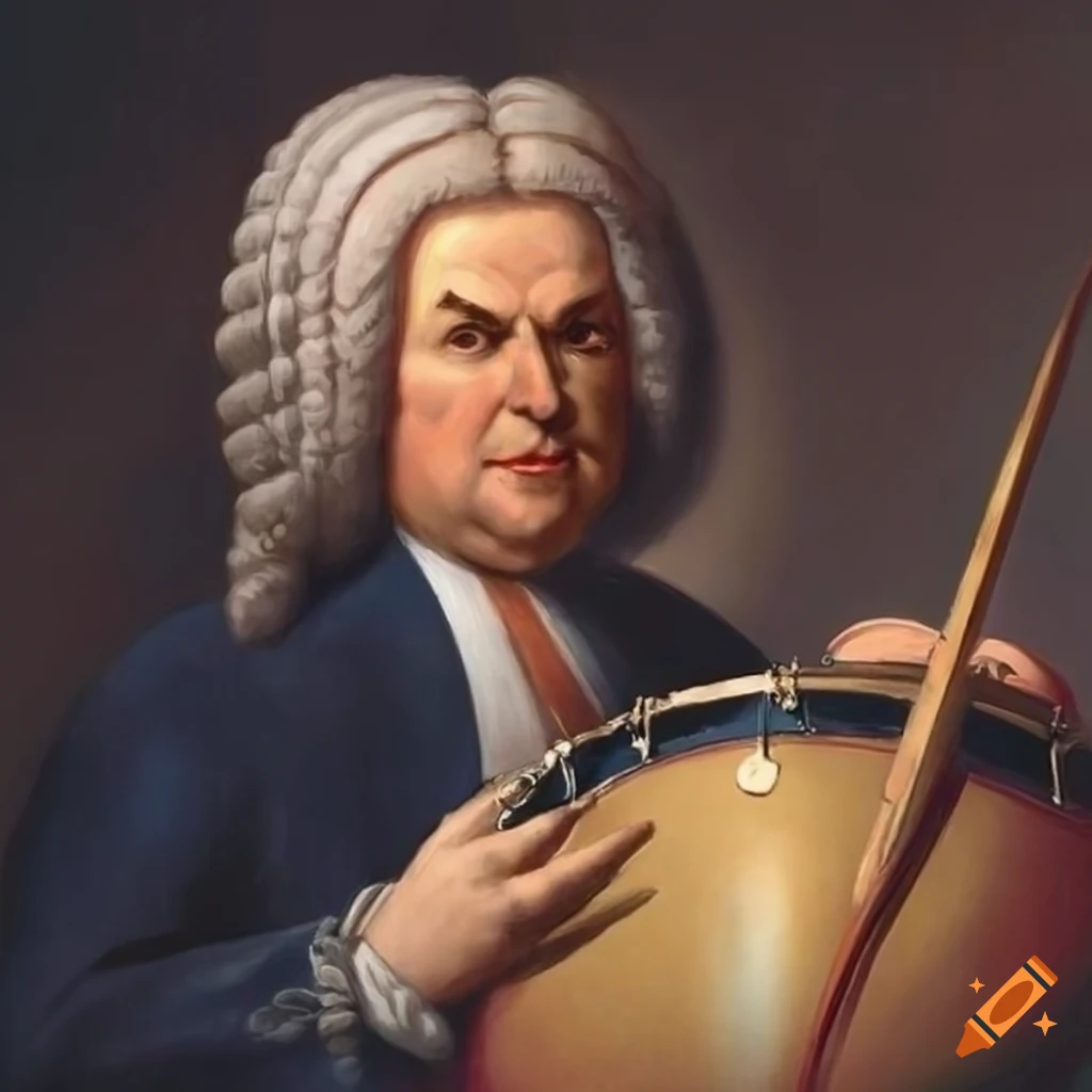 Portrait of j.s. bach playing the drum and various instruments on Craiyon
