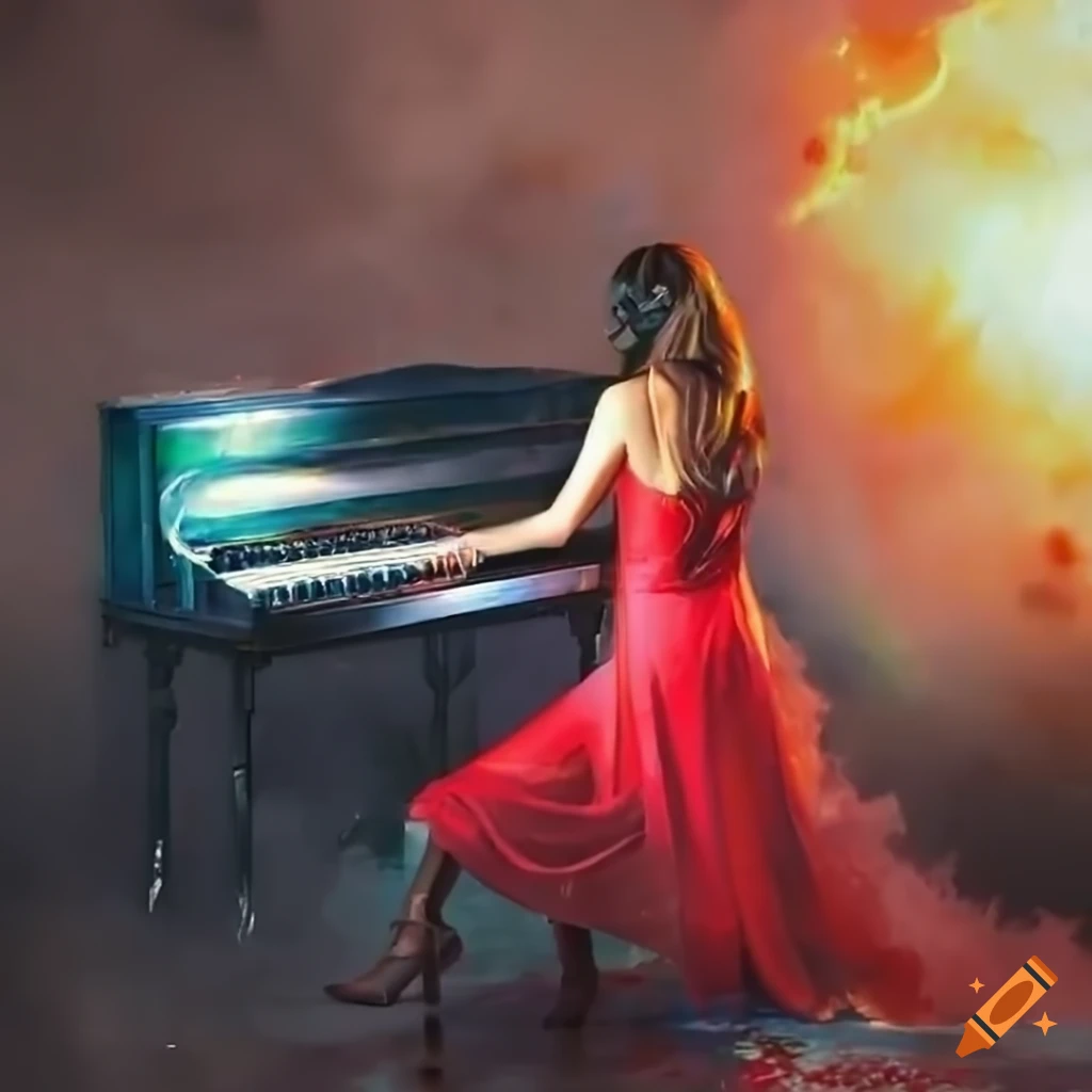 Elegant lady in a red dress playing the piano in a sunny room with frozen and ice elements