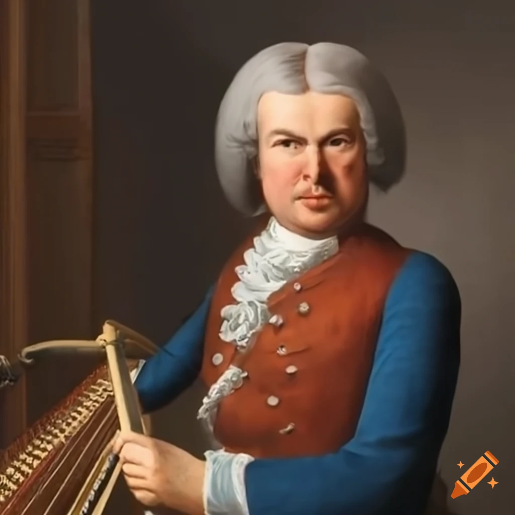 J.S. Bach playing multiple instruments in a blue 18th century suit