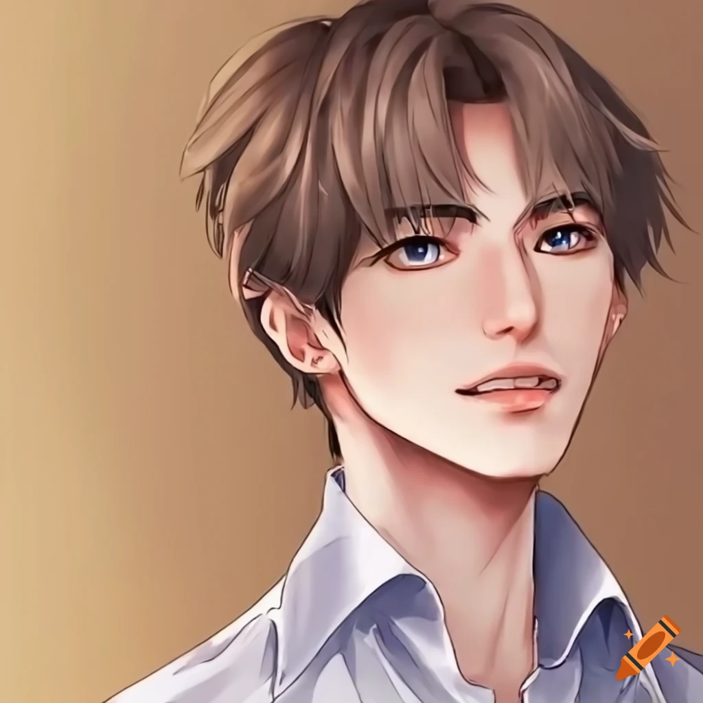 Tall cute male comfort character with brown hair and hazel eyes on Craiyon