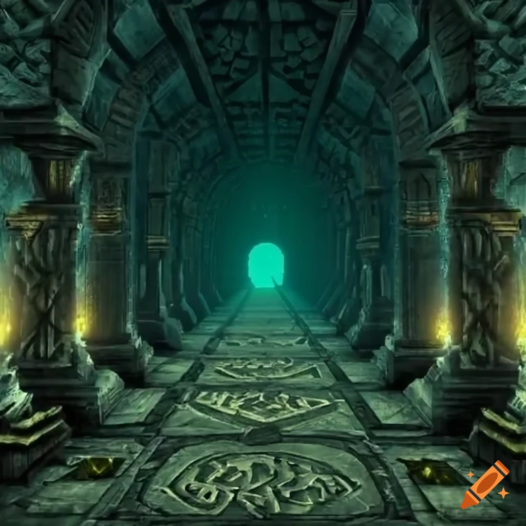 Dwarven tunnel with square pillars and intricate runes on Craiyon