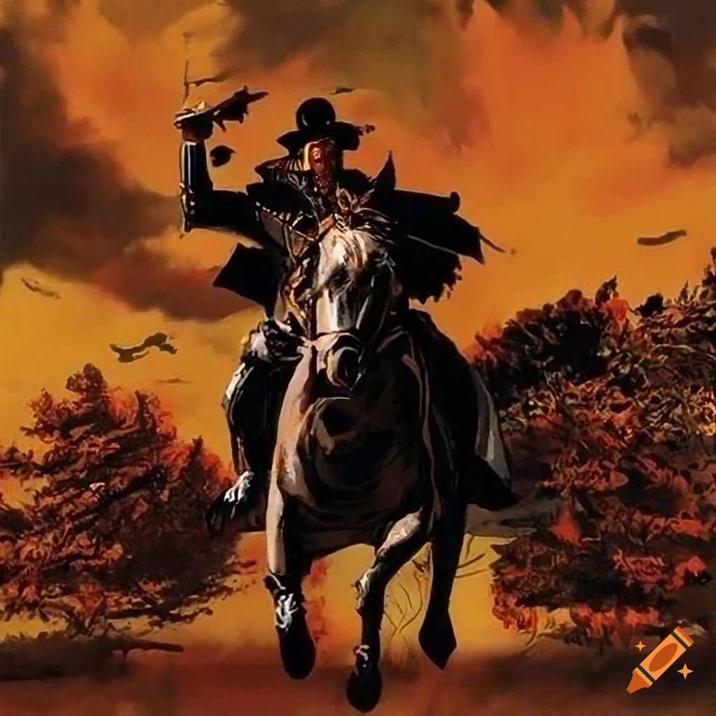 Vibrant action western poster in cuckoo clock style by Norman Rockwell