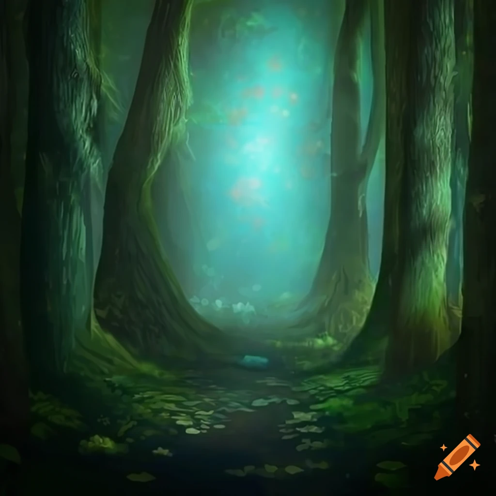 Enchanted forest path lit by fireflies leading towards a distant glow ...