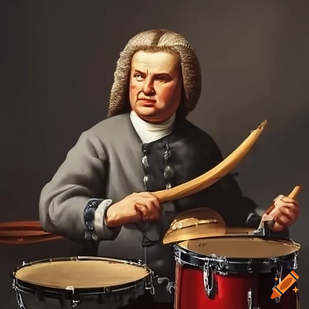 J.s. bach playing drums and various instruments on Craiyon