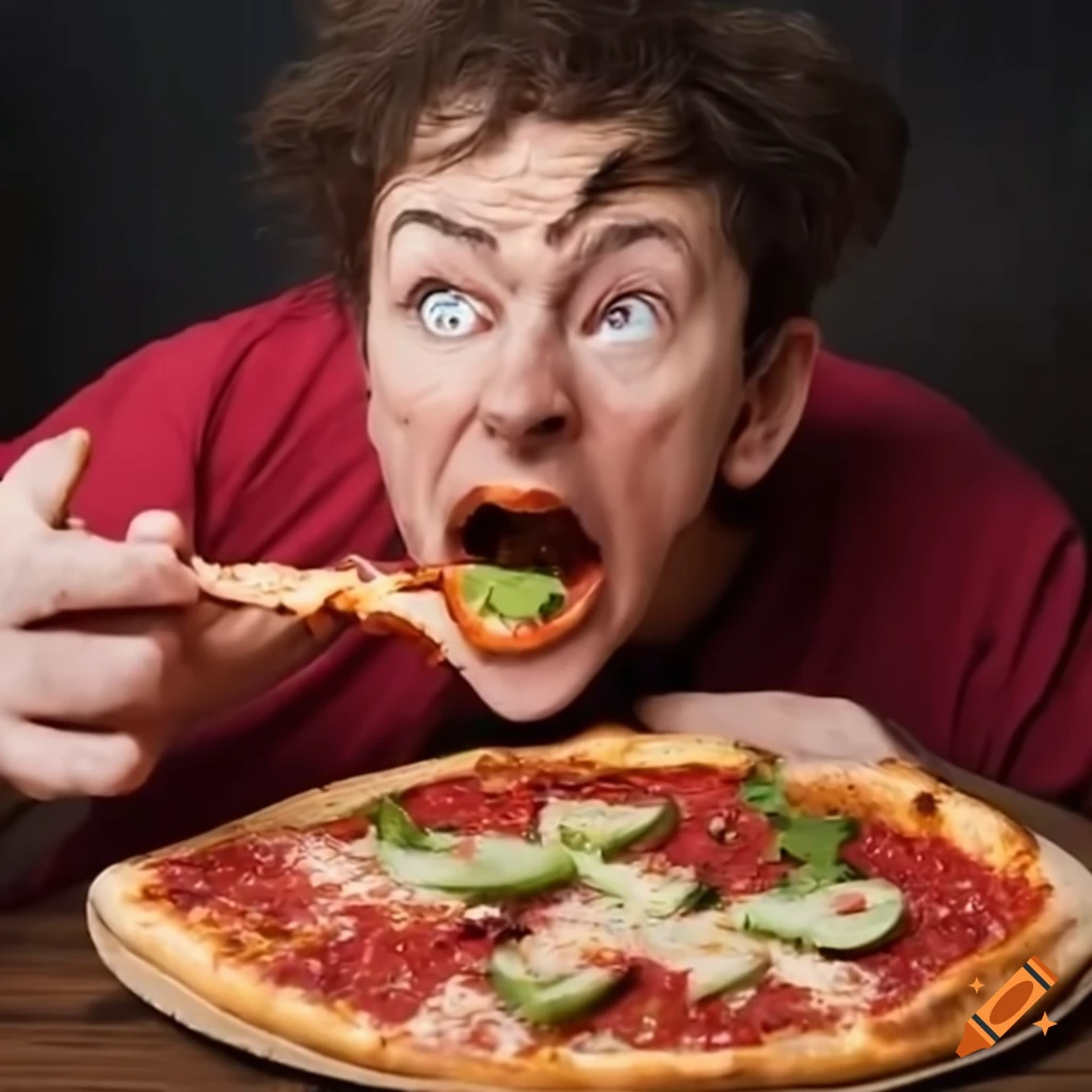 Man enjoying unique pizza with burger slices on Craiyon