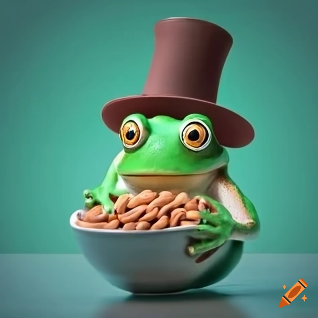 Frog with a hat holding a bowl of beans at a desk on Craiyon