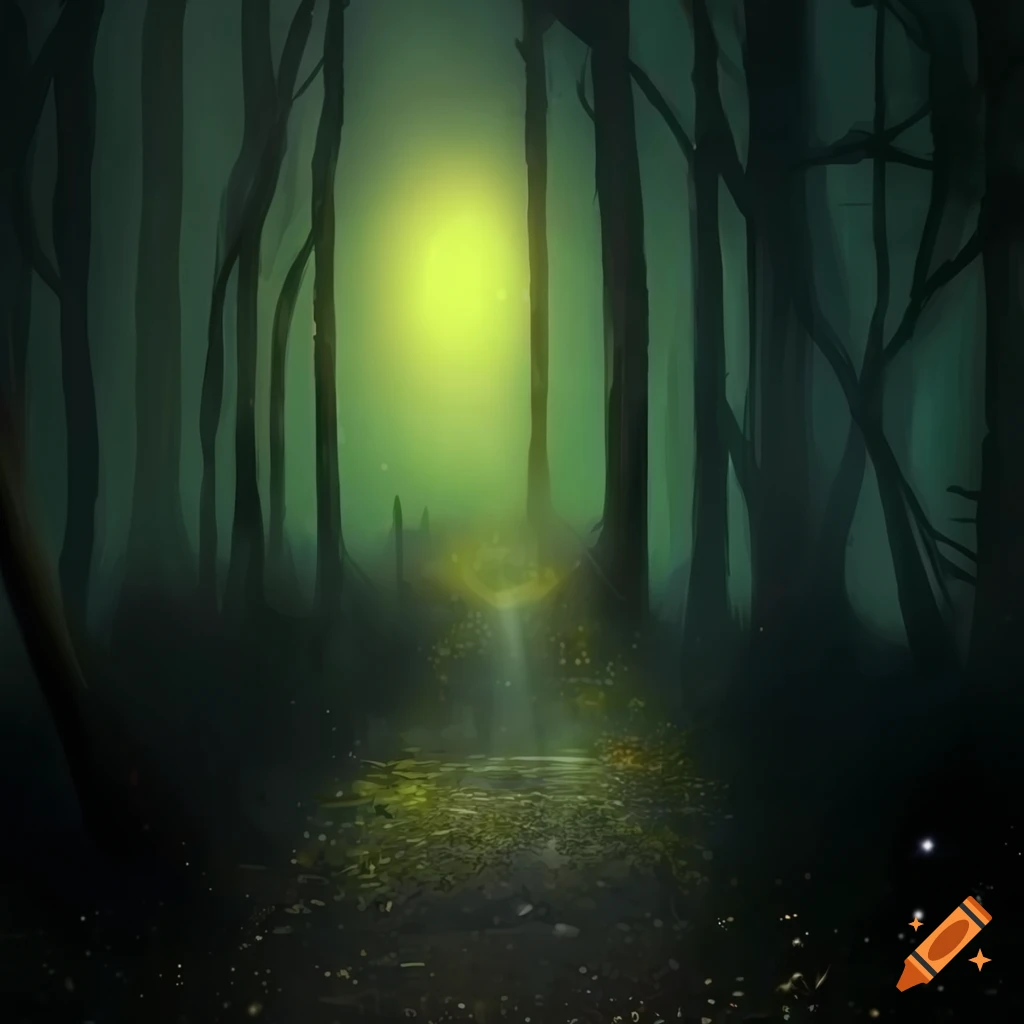 Path lit by fireflies in a dark forest leading towards a glow in the ...