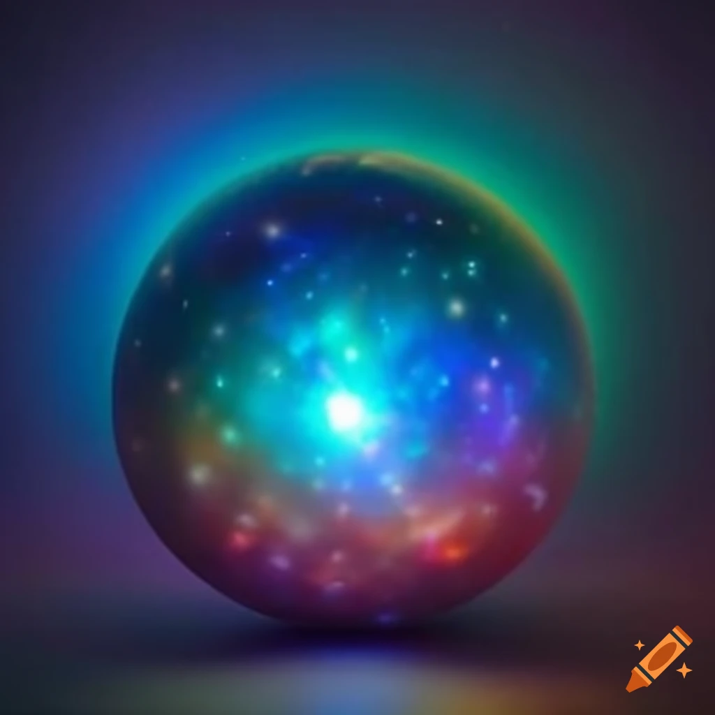 Mystical light blue orb with rainbow lights inside