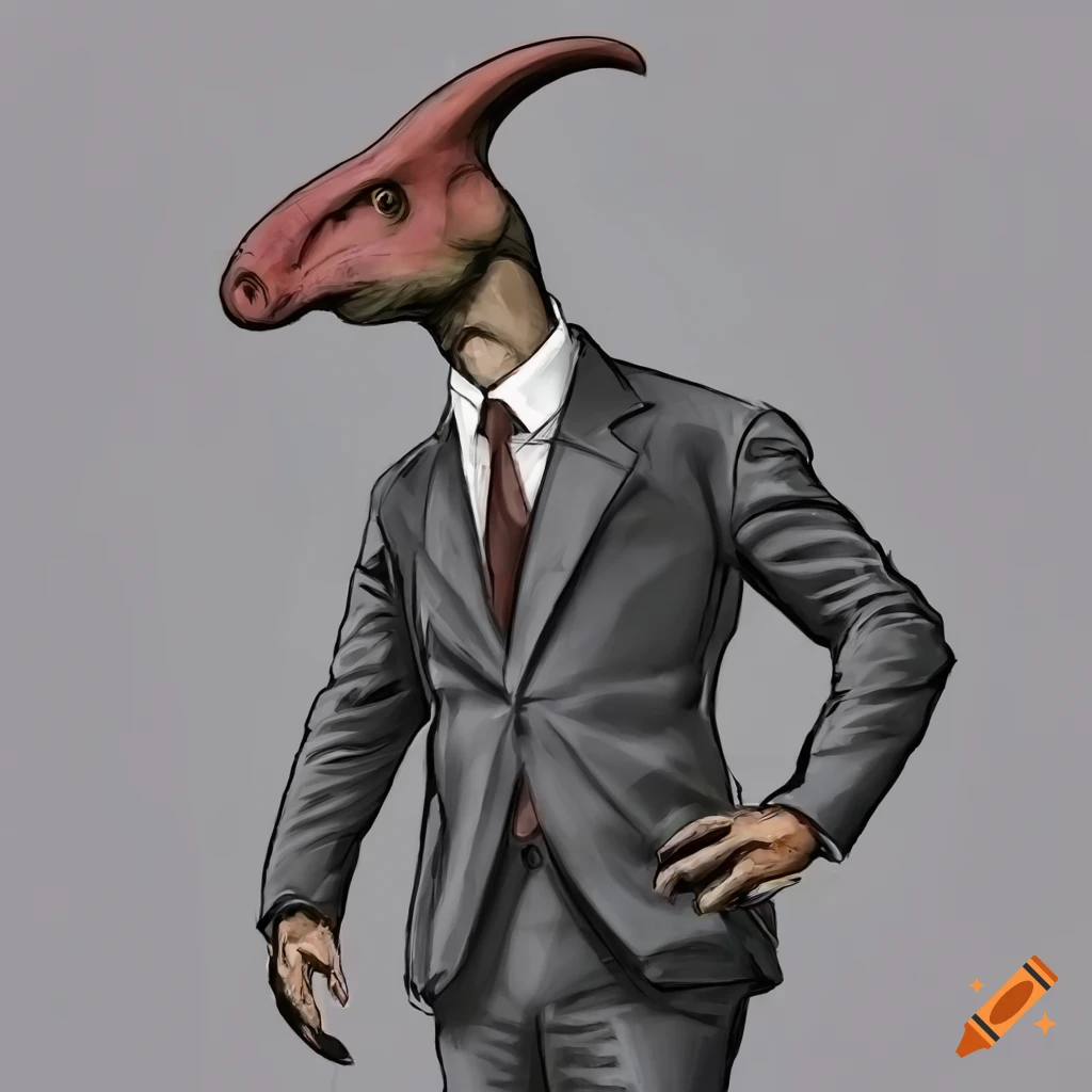 Parasaurolophus wearing a black suit illustrated by Marc Simonetti