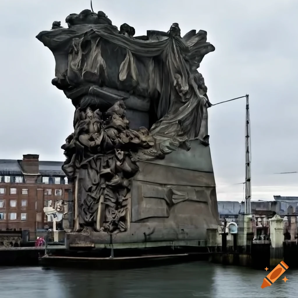 Dramatic monument of a ship docking with approaching crowd