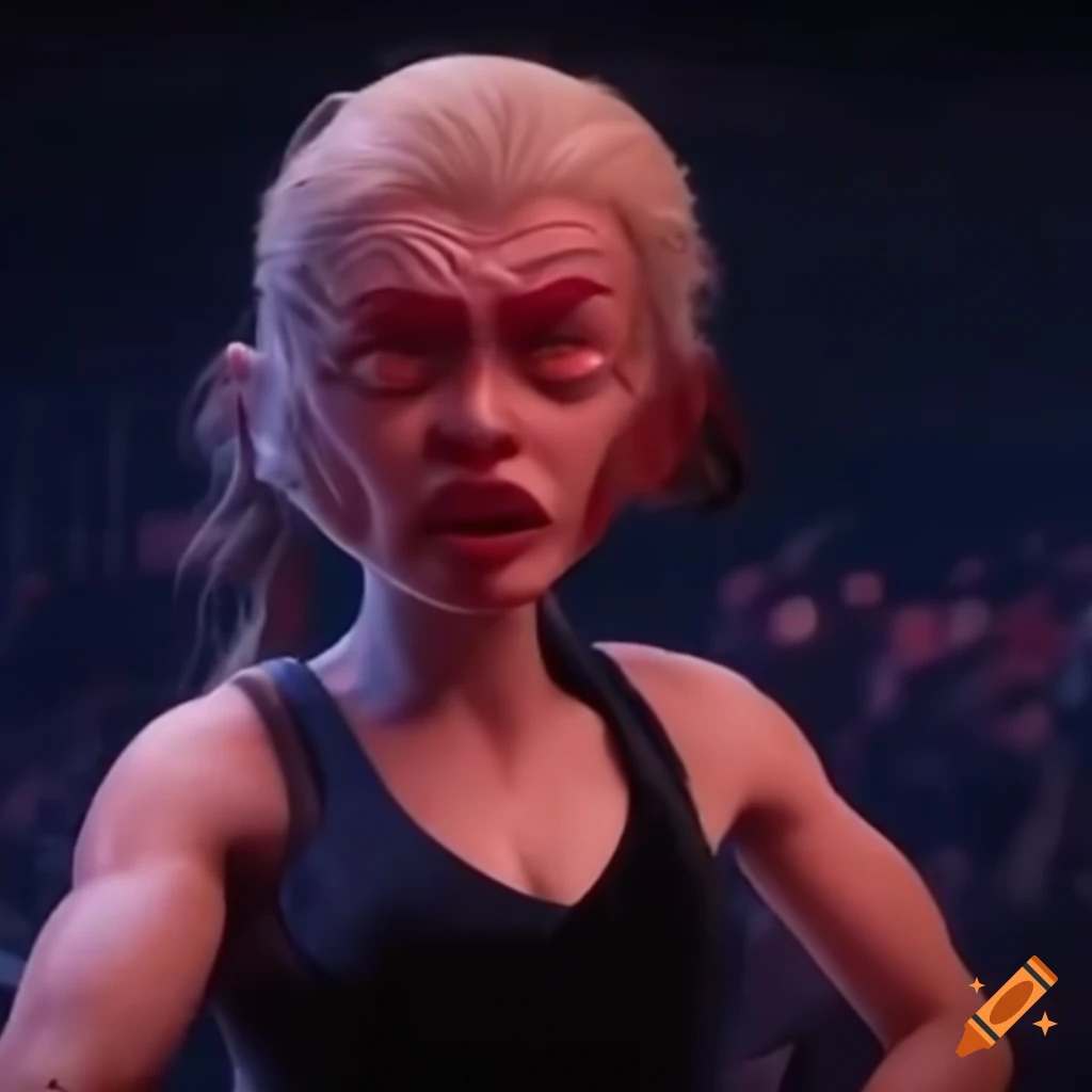 Disney arena bruised martial fighter with spinning head and closed eyes