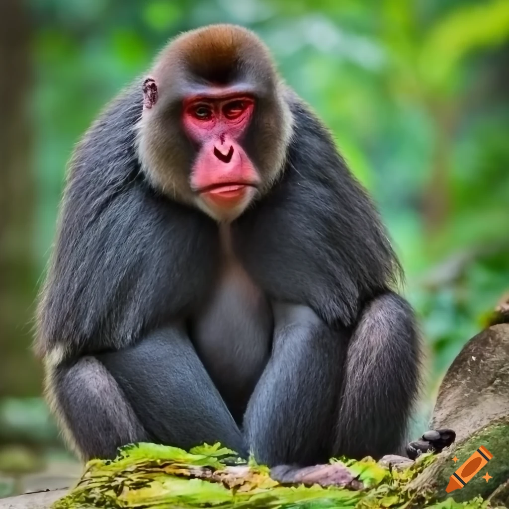 Large macaque in tropical forest among ferns and plants on Craiyon