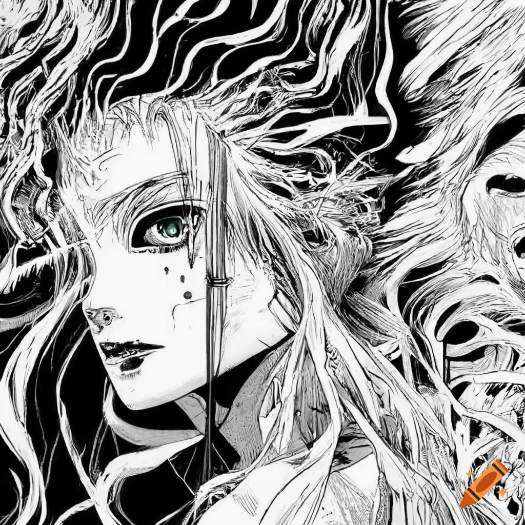 Highly detailed black and white manga panel with sharp outline on Craiyon