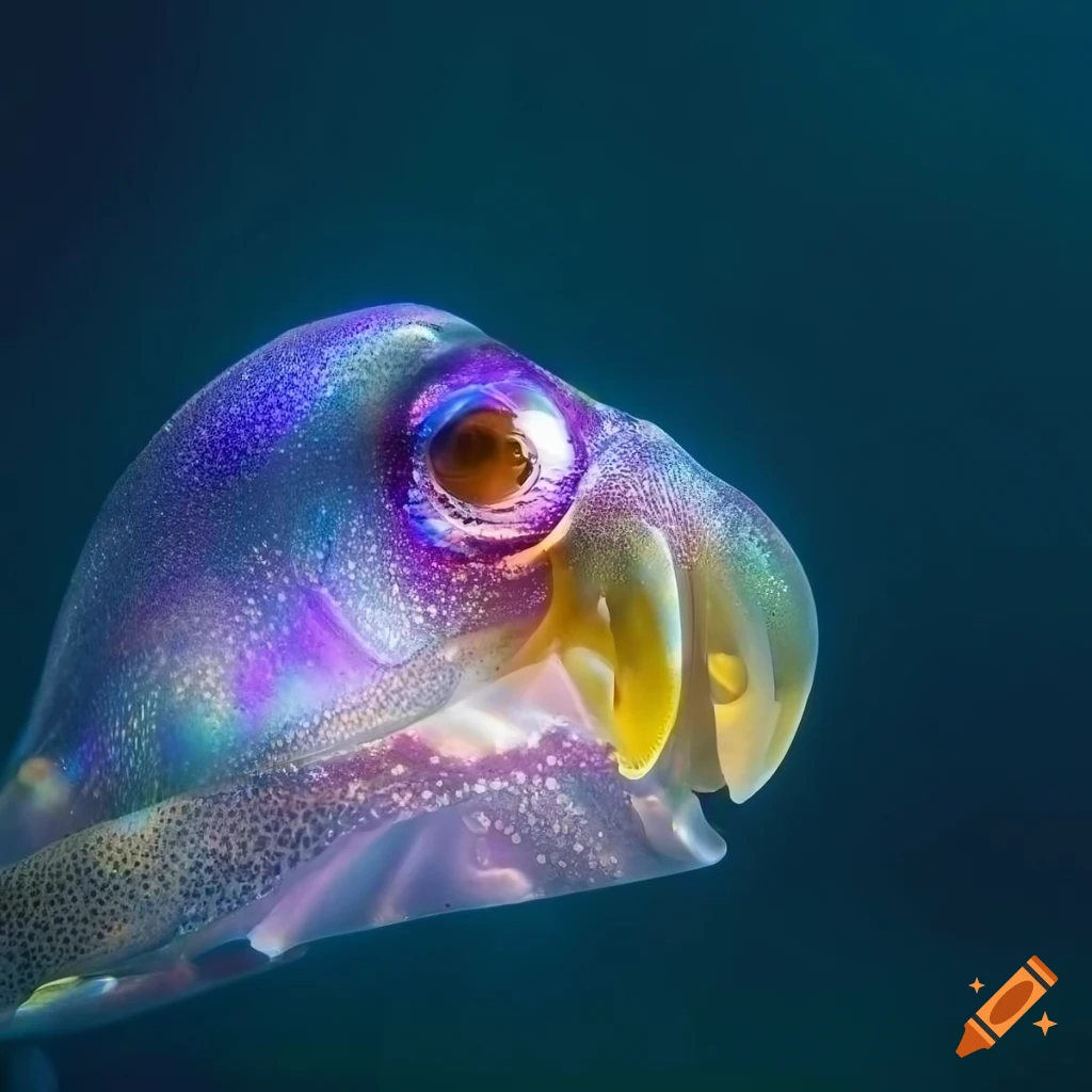 Translucent and iridescent orchid-shaped deep-sea creature in underwater background
