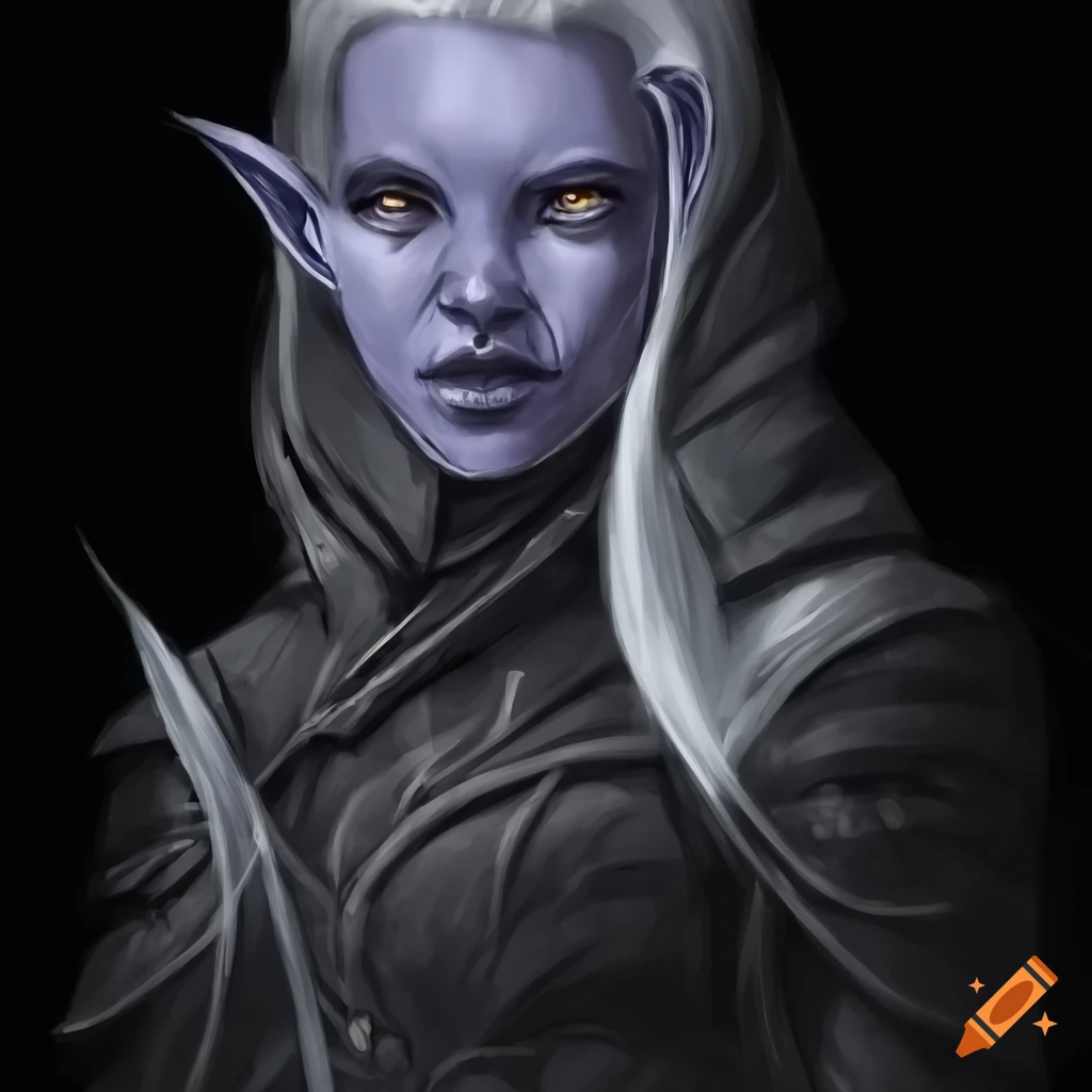 Realistic portrait of a confident black drow elf warrior in heavy plate ...