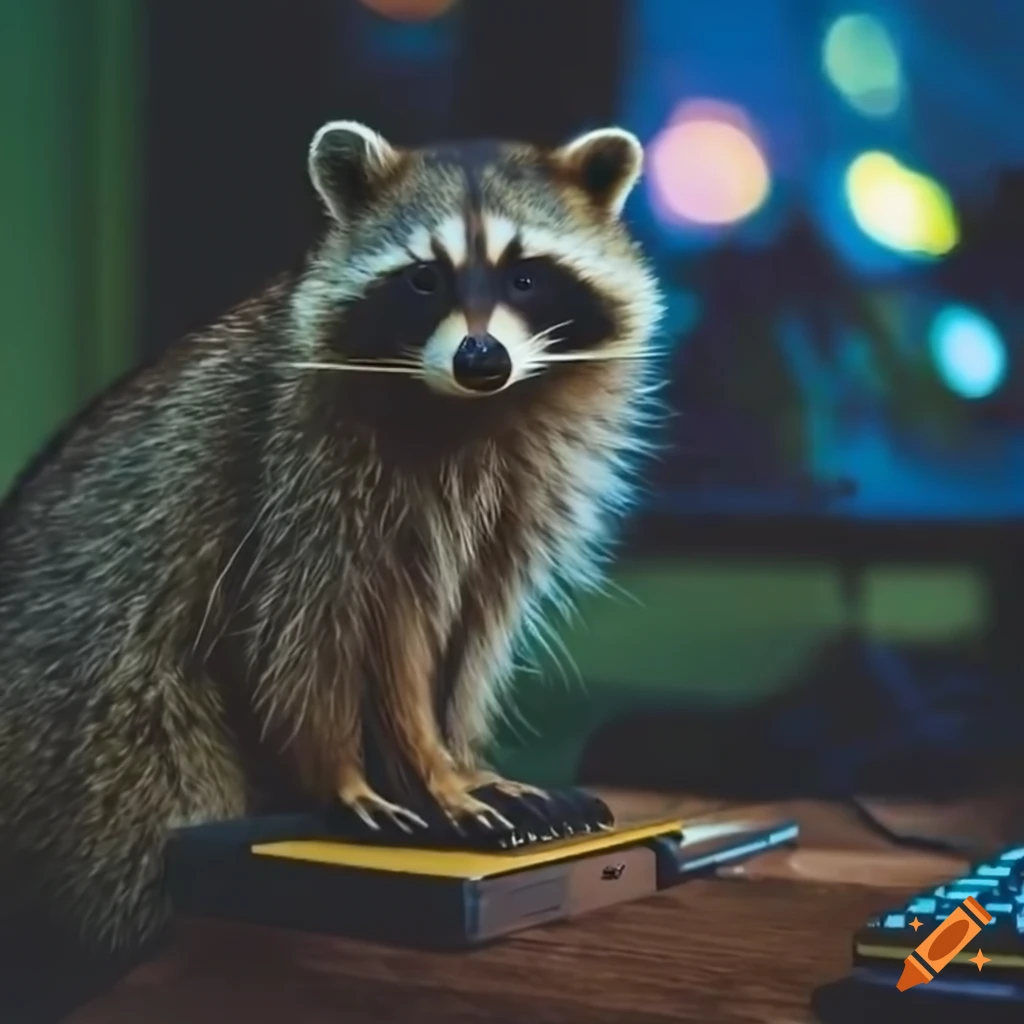 Raccoon playing video games on a computer