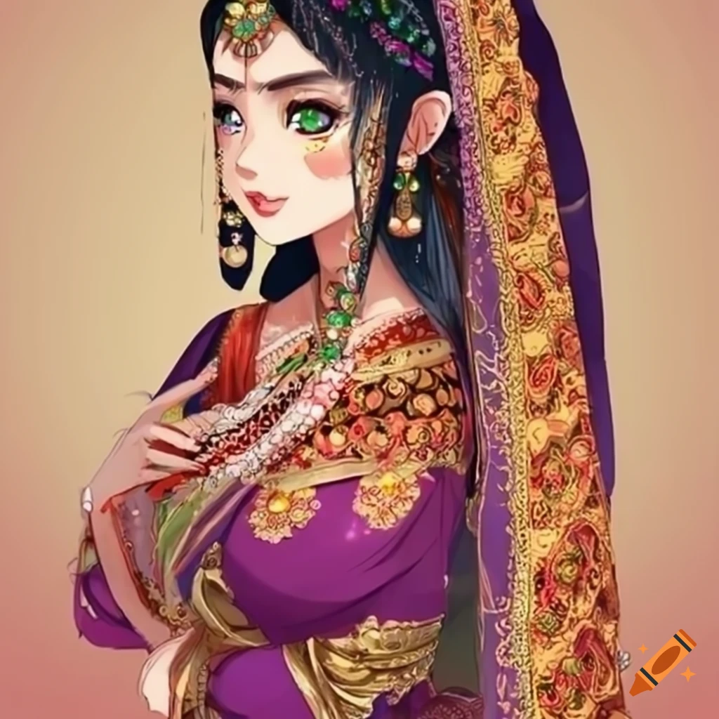 Beautiful Pakistani anime girl in traditional ethnic costume