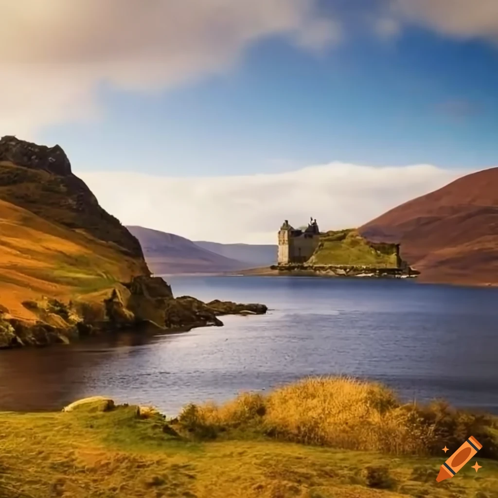 Scottish loch with castle surrounded by cliffs