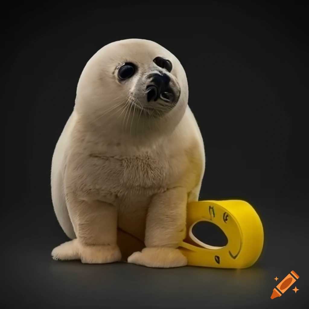 Plush harp-seal next to a yellow tape dispenser