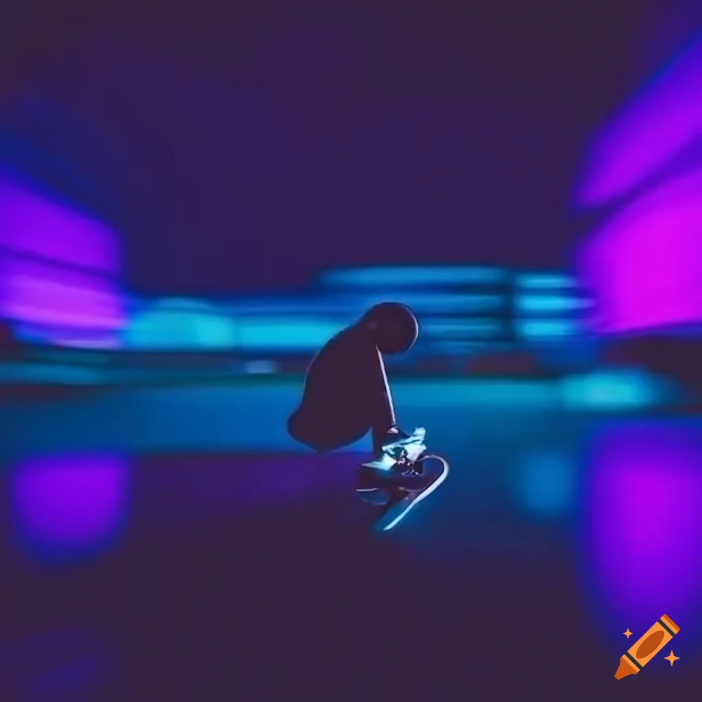 Lonely skateboard in the city with dark blue and dark purple highlights