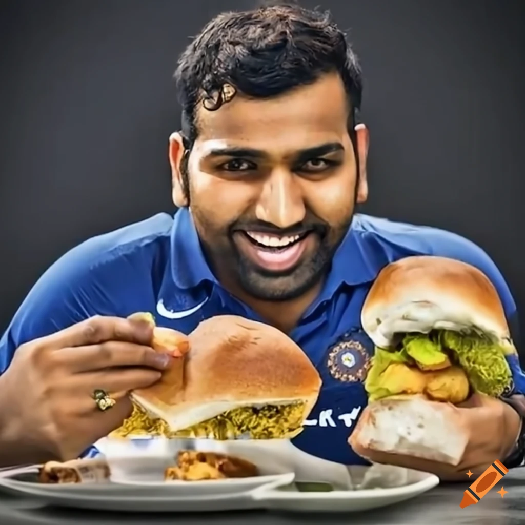 Rohit Sharma Enjoying Vada Pav With 5 Trophies On Craiyon